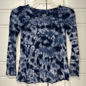 Justice Girls Flowy Long Sleeve Tunic Top Shirt Navy Blue White Tie‎ Dye Size S